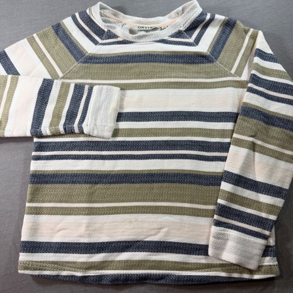 Orvis Striped Sweatshirt Womens Small Green Blue Cream Good Cotton Raglan